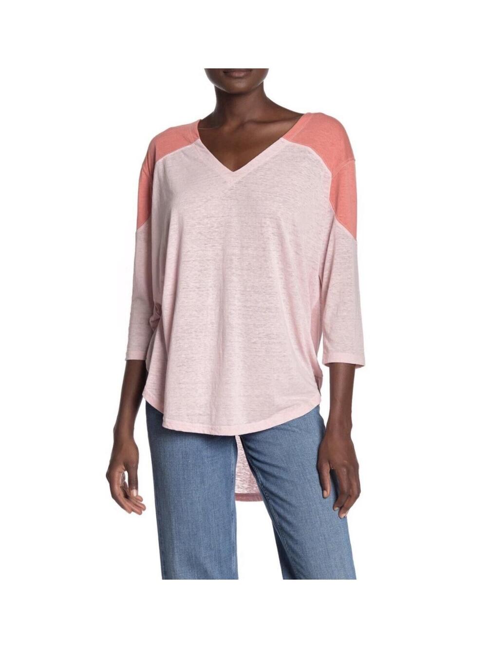 Free People We The Free Pink Combo Colorblock V Neck 3/4 Sleeve Top XS NWT